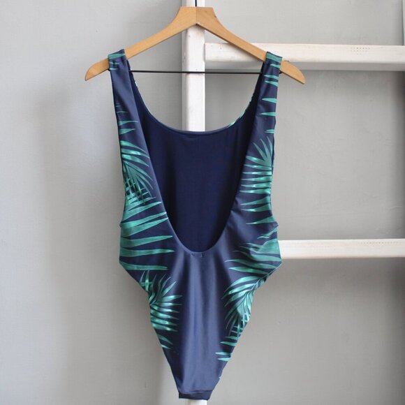 Aerie Navy Blue Green Palm Leaf Print Super Scoop Cheekiest One-Piece SZ Large - Picture 2 of 8